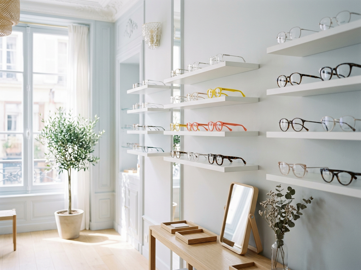Generated illustration of an optical store wall of frames
